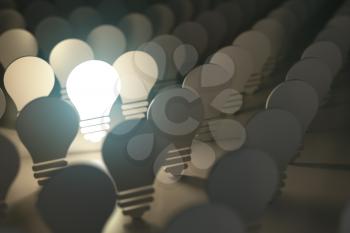 Light bulbs symbols with glowing one. Idea or difference concept background. 3d illustration