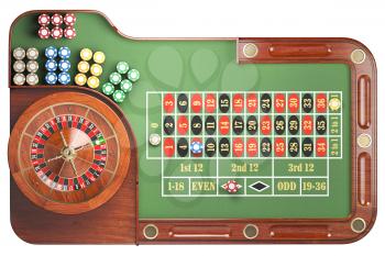 Casino roulette wheel with casino chips on green table isolated on white background. Gambling. 3d illustration