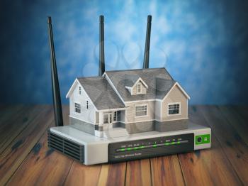 Home wireless network. House and wi-fi router on wooden table and blue background. 3d illustration