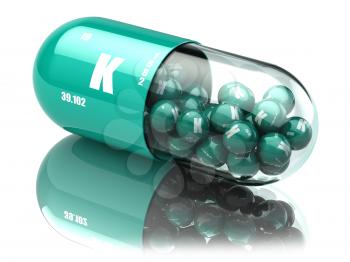 Potassium K element pill. Dietary supplements. Vitamin capsules. 3d illustration