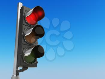 Traffic light with red color on blue sky background. Stop concept. 3d illustration
