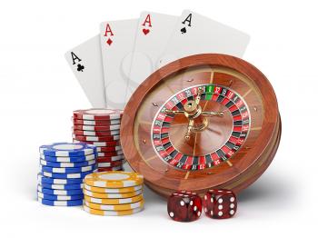 Casino o gambling concept. Roulette, casino chips, cards and dice isolated on white background. 3d illustration