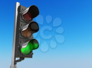 Traffic light with green color on blue sky background. 3d illustration