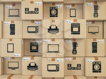 Household kitchen appliances and homeelectronics in boxes . E-commerce, internet online shopping and delivery concept. 3d illustration