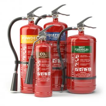 Fire extinguishers isolated on white background. Various types of extinguishers. 3d illustration