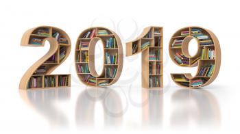 2019 new year education concept. Bookshelvs with books in the form of text 2019. 3d illustration