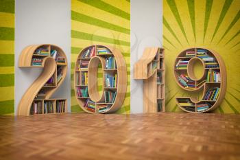 2019 new year education concept. Bookshelvs with books in the form of text 2019. 3d illustration