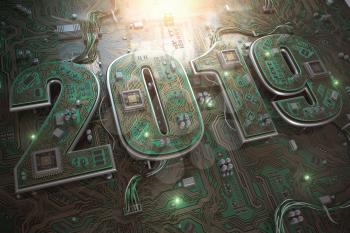 2019 on circuit board or motherboard with cpu. Computer technology and internet commucations digital concept. Happy new 2019 year. 3d illustration