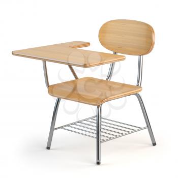 Wooden school desk and chair isolated on white. 3d illustration