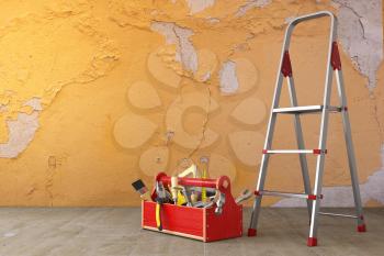 Home renovation and improvement concept. Ladder, toolbox with tools and old grunge wall in the room. 3d illustration