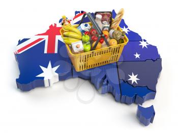 Market basket or consumer price index in Australia. Shopping basket with foods on the map of Australia. 3d illustration