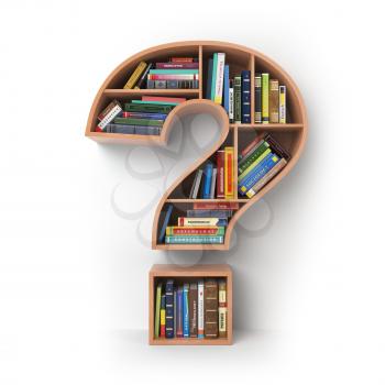 Question mark as bookshelf with books. Search and education concept. 3d illustration