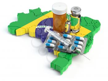 Health, healthcare, medicine and pharmacy in Brazil concept. Pills, vials and syringe on the map of Brazil isolated on white background. 3d illustration