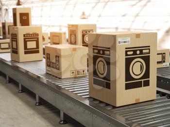 Household appliance in cardboard boxes on conveyor roller in distribution warehouse E-commerce,  delivery and packaging service concept. 3d illustration