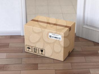 Delivery service concept.. Cardboard box front of entrance open door. 3d illustration