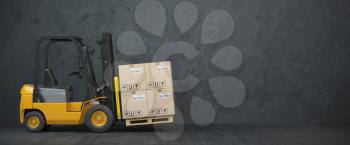 Forklift truck with cardboard boxes on  dirty wall background. 3d illustration