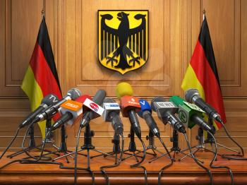 Press conference or briefing of president  or premier minister of Germany concept,. Podium speaker tribune with Germany flags and coat arms. 3d illustration