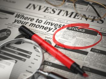 Stocks is the best option to invest. Where to Invest concept, Investmets newspaper with loupe and marker. 3d illustration