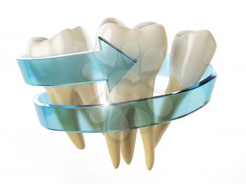 Tooth protection concept. Teeth with blue arrow isolated on white background. 3d illustration