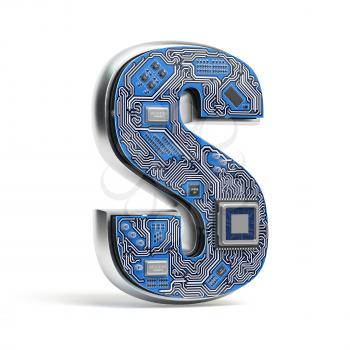 Letter S.  Alphabet in circuit board style. Digital hi-tech letter isolated on white. 3d illustration