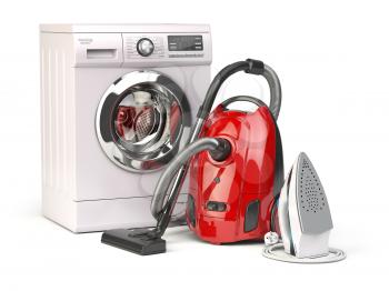Home appliances. Group of vacuum cleaner,  iron and washing machine isolated on white background. 3d illustration