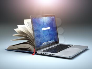 Online library or E-learning concept. Open laptop and book compilation. 3d illustration