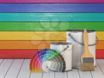 House renovation and improvement concept background. Paint cans, paint brush and color palette on wooden wall painted in a colors of the rainbow. 3d illustration
