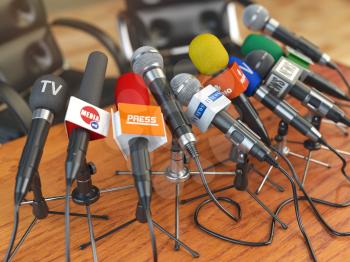 Press conference or interview concept. Microphones of different mass media, radio, tv and press prepared for conference meeting. 3d illustration