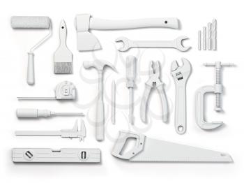 Set of of white tools isolated on white background. Mock up. With paths 3d illustration