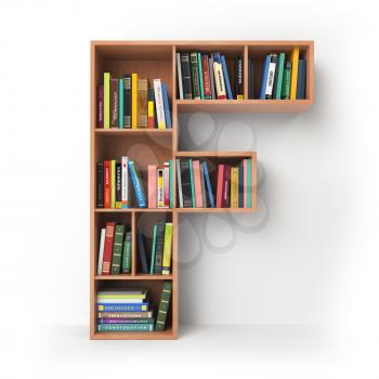 Letter F. Alphabet in the form of shelves with books isolated on white. 3d illustration