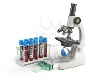 Microscope medical test tubes with blood samples isolated on white.  3d illustration