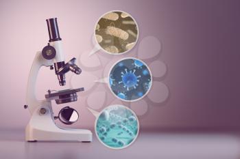 Microscope and a set  of different bacterias and viruses. Space for text. 3d illustration.