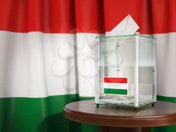 Ballot box with flag of Hungary and voting papers. Hungarian presidential or parliamentary election.  3d illustration