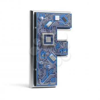 Letter F.  Alphabet in circuit board style. Digital hi-tech letter isolated on white. 3d illustration