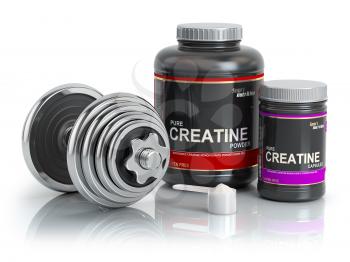 Creatine powder with scoop and dumbbell.Bodybuilder nutrition(supplement) concept. 3d illustration.