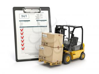 Delivery service concept. Forklift with parcel carton cardboard boxes and  clipboard with receipt form isolated on white. 3d illustration