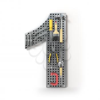 Number 1 one Alphabet from the tools on the metal pegboard isolated on white.  3d illustration