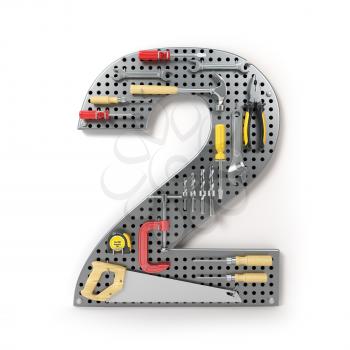 Number 2 two. Alphabet from the tools on the metal pegboard isolated on white.  3d illustration