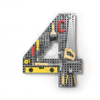 Number 4 four. Alphabet from the tools on the metal pegboard isolated on white.  3d illustration