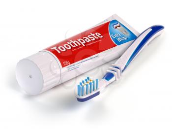 Toothbrush and tube of toothpaste isolated on white background. 3d illustration