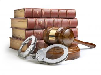 Judge gavel and handcuffs with legal book isolated on white background. Law and justice concept. 3d illustration