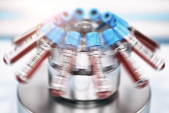 Blood test tubes in centrifuge. Medical laboratory concept. 3d illustration