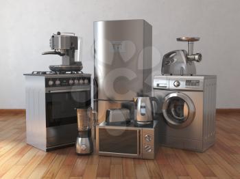 Home appliances. Household kitchen technics in the empty room. 3d illustration
