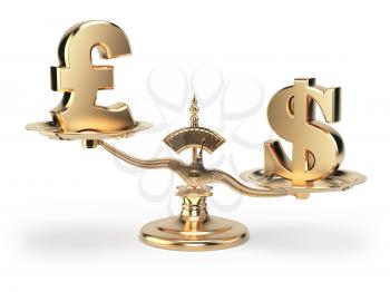 Scale with symbols of currencies UK pound and US dollar isolated on white background. 3d illustration