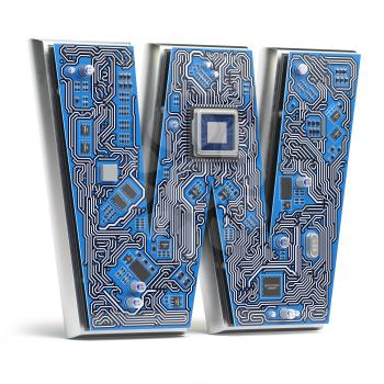 Letter W.  Alphabet in circuit board style. Digital hi-tech letter isolated on white. 3d illustration