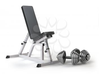 Barbell bench with weight dumbbells isolated on white. 3d illustration