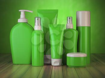 Set of green cosmetic products.  Cosmetic series of different daily beauty care products isolated on white background. Containers for cream, ointment, lotion and soap. 3d illustration