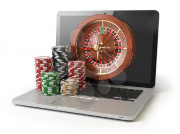 Online roulette casino concept. Laptop with roulette and casino chips isolated on white  background. 3d illustration