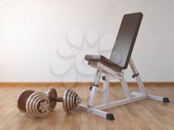 Barbell bench with weight dumbbells in the home. 3d illustration