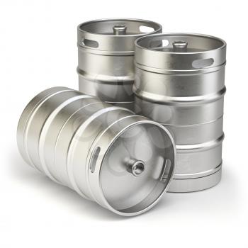 Metal beer kegs isolated on white background. 3d illustration